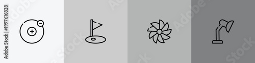 literature outline icon set featuring electron, golf field, whirligig, adjustable lamp icons.