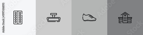 sports outline icon set featuring blister, rearview mirror, football boots, kindergarten icons.