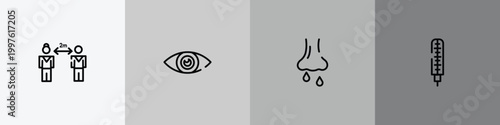 outline icon set featuring keep distance, eye, rhinitis, thermometer icons.