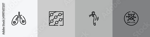 outline icon set featuring infected lungs, dermatitis, difficulty breathing, 2019-ncov icons.