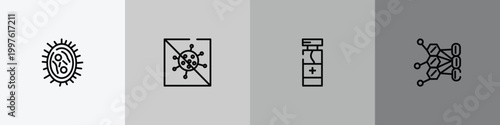 outline icon set featuring bacterias, antiviral, disinfect, allergy icons.