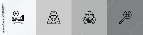 outline icon set featuring hospital bed, contaminated, respirator mask, virus search icons.