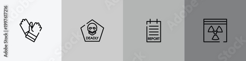 outline icon set featuring gloves, deadly, report, hazmat icons.
