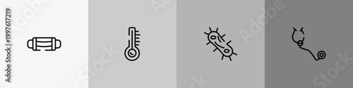 outline icon set featuring sterile mask, temperature, bacterium, stethoscope icons.