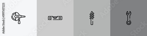 tools and hinery outline icon set featuring grinder hine, level gauge, drill tip, adjustable wrench icons.