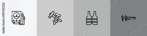 carpentry diy tools outline icon set featuring electric gauge, construction tools, reflective vest, calipers icons.