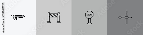 tools outline icon set featuring sealant, road panel, stopping, wheelbrace icons.