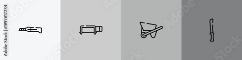 cutting tool outline icon set featuring stationery knife, hacksaw with handle, wheelbarrow full, bread knife icons.