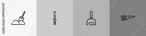 carpentry diy tools outline icon set featuring digging, knife file, dustpan, metal saw icons.