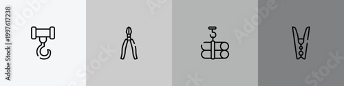 housekeeping outline icon set featuring crane hook, big pliers, tubes hook, clothespin icons.
