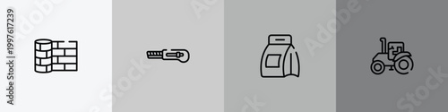 tools and hinery outline icon set featuring linoleum, null, washing powder, farm tractor icons.