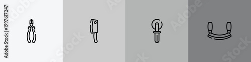 cutting tool outline icon set featuring nippers, cleaver, knife for pizza, mezzaluna icons.
