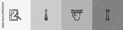 tools and hinery outline icon set featuring window cleaner, toilet brush, labor day, big double wrench icons.