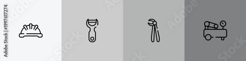 construction tools outline icon set featuring iron helmet, peeler, forceps, air compressor icons.