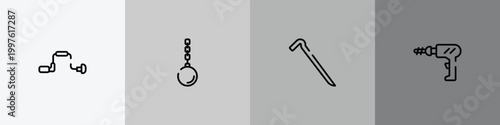 carpentry diy tools outline icon set featuring brace, wrecking ball, crowbar, perforator icons.