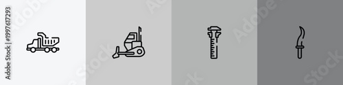 cutting tool outline icon set featuring tipper truck, bulldozing, sliding scale, kirpan icons.
