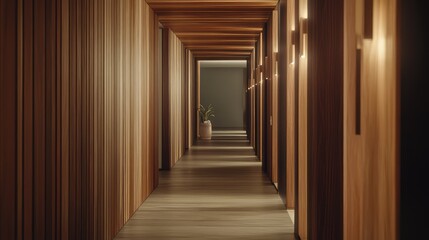 Long and narrow wooden hallway featuring minimalist architecture and panels, creating a soothing pathway with warm ambient lighting throughout the interior design of a luxury building