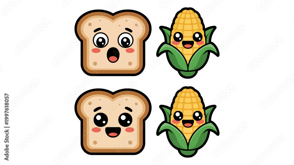 Fototapeta premium Cute kawaii toast and corn characters with happy and surprised expressions cute food character