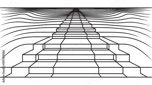 Abstract optical illusion of steps leading to a wavy horizon with abstract art abstract illusion monochrome