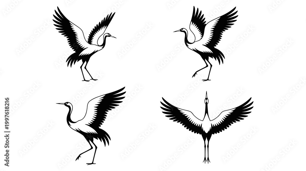 Fototapeta premium Four black silhouettes of cranes in various poses flight and standing silhouette standing