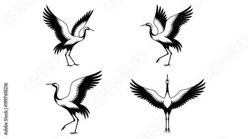 Four black silhouettes of cranes in various poses flight and standing silhouette standing