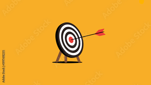 Bullseye target with arrow hitting center on yellow background  successful shot