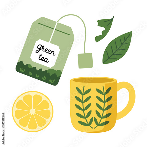 Green tea ingredients and accessories on white background