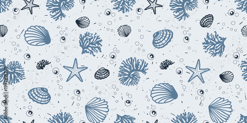 Seamless vector pattern with blue sea shells and starfish on light background, nautical summer ocean texture in dusty blue tones.