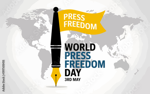 World Press Freedom Day celebration with pen and flag on gray world map background