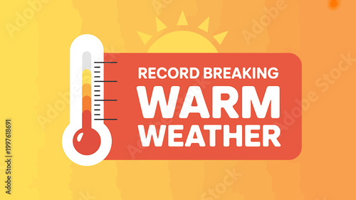 Record breaking warm weather thermometer icon on orange background with sun