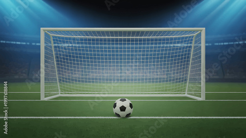 Soccer ball on green field in front of goal net at night stadium