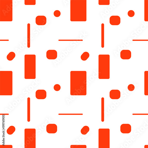 Abstract geometric seamless pattern with orange shapes including rectangles and circles on white background, retro minimalist design suitable for textile, wallpaper, and creative background concepts.