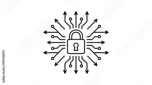 Padlock icon with multiple arrows indicating secure data protection and network security