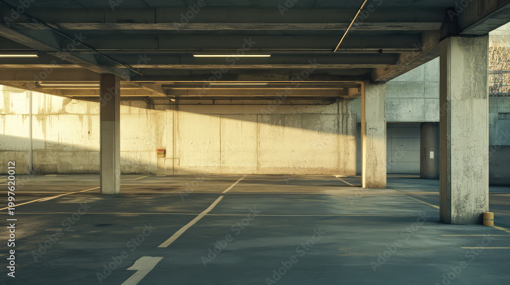 Fototapeta premium Large empty parking garage with reinforced concrete pillars, beams, and walls, featuring floor markings and dramatic sunlight entering an urban structure