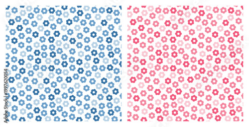 Daisies. Two Floral Seamless Vector Patterns with Pink and Blue Simple Daisy Flowers.