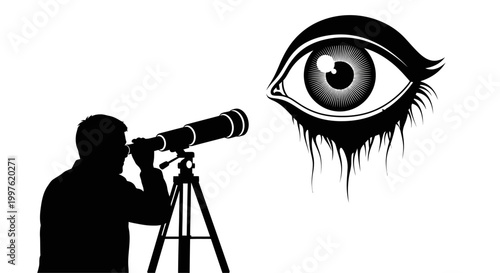 Man looking through a telescope at an eye.