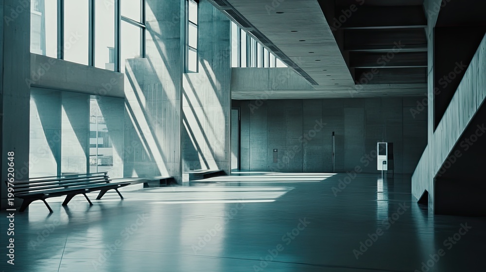 Fototapeta premium Minimalist concrete architecture with large windows illuminating diagonal shadows across a vast empty hall, highlighting the clean lines and simple design of the modern public space
