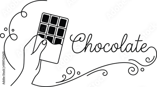 Hand holding chocolate bar with decorative swirls and text for sweet treat advertising and packaging design