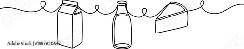 Dairy product icons string line art milk bottle carton cheese for food packaging design