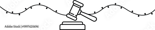 Simple line art gavel icon with string lights for law and justice themes in web design
