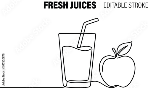 Fresh juice glass with straw and apple for healthy beverage marketing and advertising