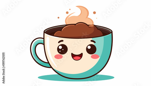 Cartoon coffee cup with smiling face.