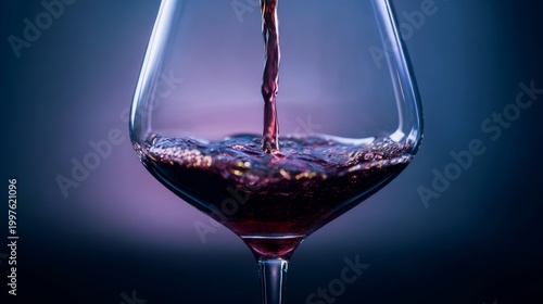 pouring. An elegant crystal wine glass with rich red liquid, captured from an overhead angle. bar promotions, beverage menus, designed for food & beverage menus and cafe branding.

