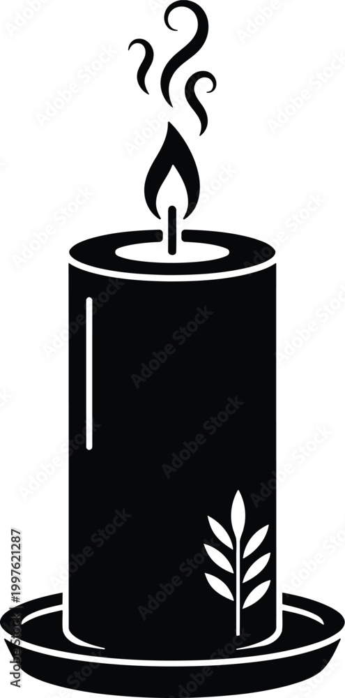 Obraz premium Black candle with leaf design burning on plate for decoration or ambiance