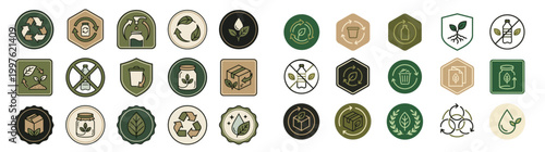 Eco Recycling Sustainability Badge Icon Set with Green Organic Packaging Symbols