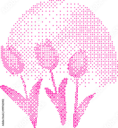 Pink Tulip Flowers in a Pixelated Dome with Copy Space