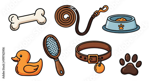 Pet Care Vector  Set, Dog Accessories Bone Leash Paw Cute Flat Illustration