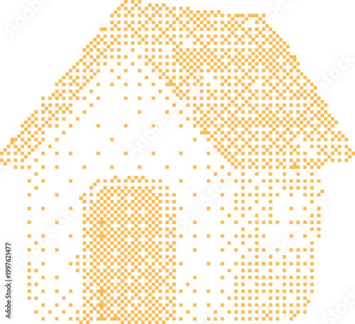 Pixelated house icon with warm orange tones and ample copy space on white