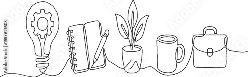 Continuous line drawing showing office objects, creativity, work, and productivity