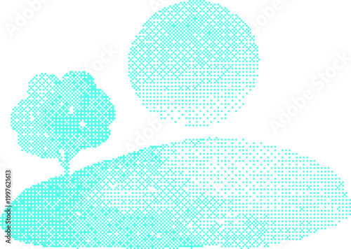 Abstract landscape with tree and sun in cyan pointillism style
